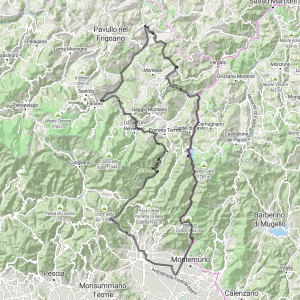 Map miniature of "Challenging Mountain Loop from Agliana" cycling inspiration in Toscana, Italy. Generated by Tarmacs.app cycling route planner