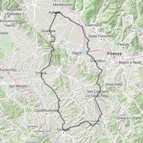 Zemljevid v pomanjšavi "Krožna kolesarska pot Campi Bisenzio - Agliana" kolesarske inspiracije v Toscana, Italy. Generirano z načrtovalcem kolesarskih poti Tarmacs.app