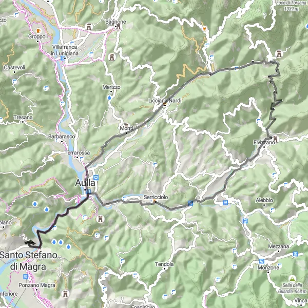 Miniatua del mapa de inspiración ciclista "Ruta de Fivizzano a Fortezza della Brunella" en Toscana, Italy. Generado por Tarmacs.app planificador de rutas ciclistas