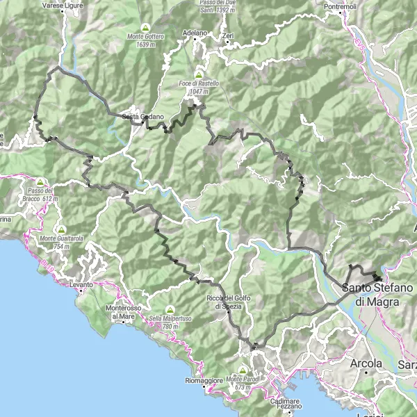 Miniatuurkaart van de fietsinspiratie "Fietsroute naar Sesta Godano en Monte Zecchino" in Toscana, Italy. Gemaakt door de Tarmacs.app fietsrouteplanner