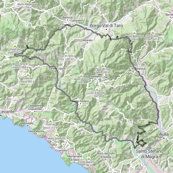 Kartminiatyr av "Utforsk bakketoppene i Lunigiana" sykkelinspirasjon i Toscana, Italy. Generert av Tarmacs.app sykkelrutoplanlegger