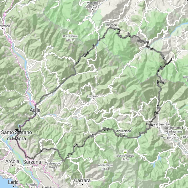 Miniatua del mapa de inspiración ciclista "Ruta de ciclismo de carretera por Albiano Magra" en Toscana, Italy. Generado por Tarmacs.app planificador de rutas ciclistas