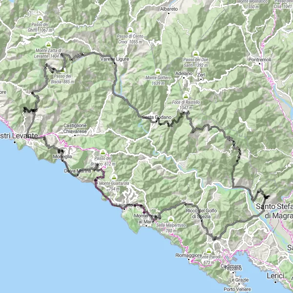 Miniatura della mappa di ispirazione al ciclismo "Albiano Magra - Giro panoramico delle Cinque Terre" nella regione di Toscana, Italy. Generata da Tarmacs.app, pianificatore di rotte ciclistiche