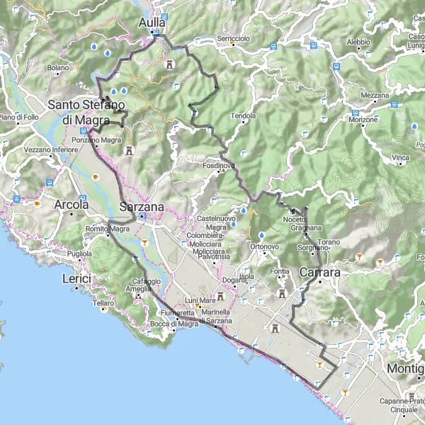 Karttaminiaatyyri "Aulla - Carrara Scenic Route" pyöräilyinspiraatiosta alueella Toscana, Italy. Luotu Tarmacs.app pyöräilyreittisuunnittelijalla
