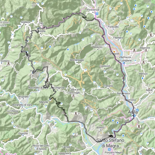 Map miniature of "Cycling through the Lunigiana region" cycling inspiration in Toscana, Italy. Generated by Tarmacs.app cycling route planner