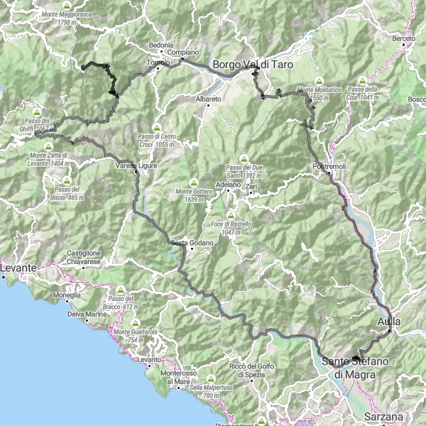Map miniature of "From Albiano Magra to Caprigliola via Castiglione Vara, Varese Ligure, Borghetto di Vara, and Passo del Bocco" cycling inspiration in Toscana, Italy. Generated by Tarmacs.app cycling route planner