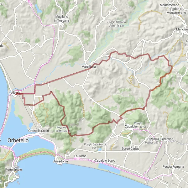 Miniatura della mappa di ispirazione al ciclismo "Giro in Gravel intorno ad Albinia" nella regione di Toscana, Italy. Generata da Tarmacs.app, pianificatore di rotte ciclistiche