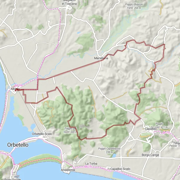 Miniaturní mapa "Albinia - Poggio Venti Gravel Adventure" inspirace pro cyklisty v oblasti Toscana, Italy. Vytvořeno pomocí plánovače tras Tarmacs.app