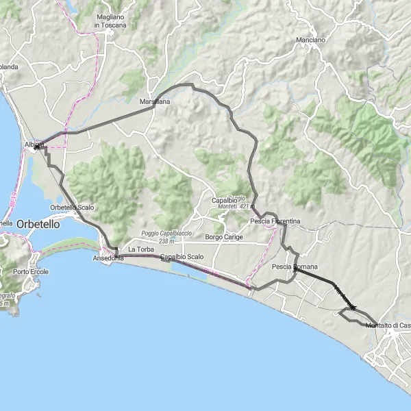 Map miniature of "Albinia to Capalbio Scalo via Marsiliana and Pescia Romana" cycling inspiration in Toscana, Italy. Generated by Tarmacs.app cycling route planner