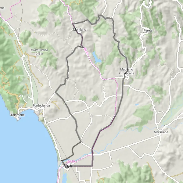 Miniatua del mapa de inspiración ciclista "Ruta de ciclismo de carretera Albinia - Magliano in Toscana" en Toscana, Italy. Generado por Tarmacs.app planificador de rutas ciclistas