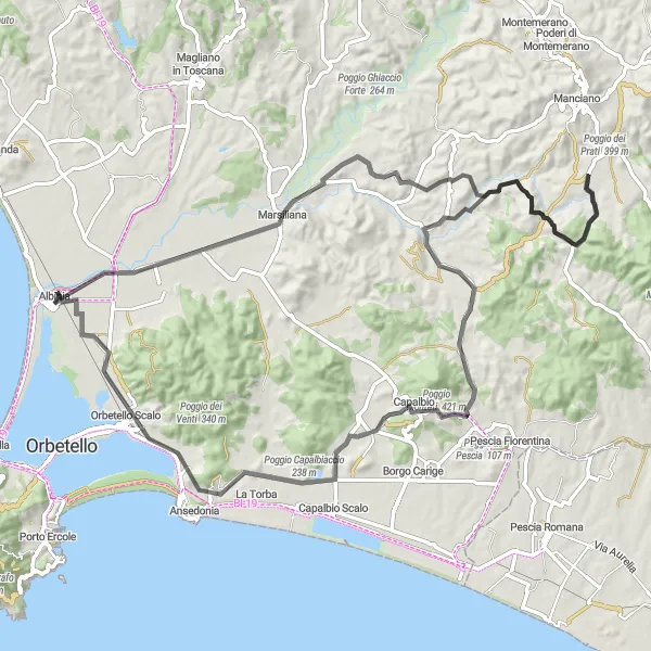 Miniatua del mapa de inspiración ciclista "Ruta de Albinia a Poggio Sette Finestre" en Toscana, Italy. Generado por Tarmacs.app planificador de rutas ciclistas