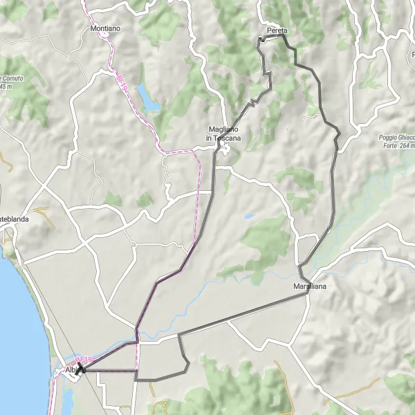 Miniatua del mapa de inspiración ciclista "Ruta en Bicicleta de Carretera desde Albinia" en Toscana, Italy. Generado por Tarmacs.app planificador de rutas ciclistas