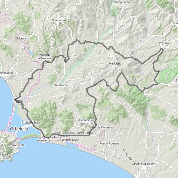Miniatua del mapa de inspiración ciclista "Poggio Sette Finestre Circuit" en Toscana, Italy. Generado por Tarmacs.app planificador de rutas ciclistas