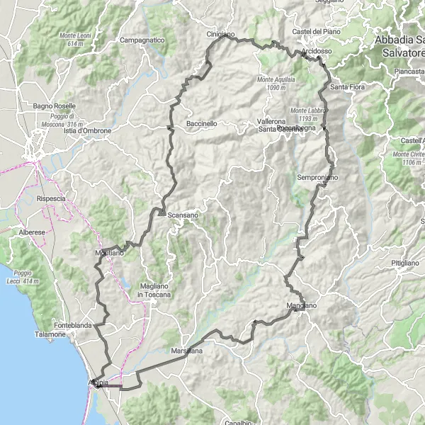 Miniatua del mapa de inspiración ciclista "Desafío de ciclismo Albinia - Marsiliana" en Toscana, Italy. Generado por Tarmacs.app planificador de rutas ciclistas