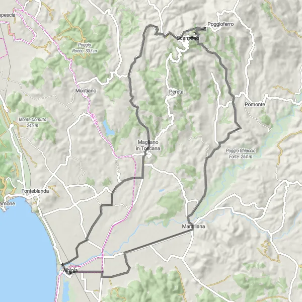 Miniatura della mappa di ispirazione al ciclismo "Tour panoramico in bicicletta da Albinia" nella regione di Toscana, Italy. Generata da Tarmacs.app, pianificatore di rotte ciclistiche