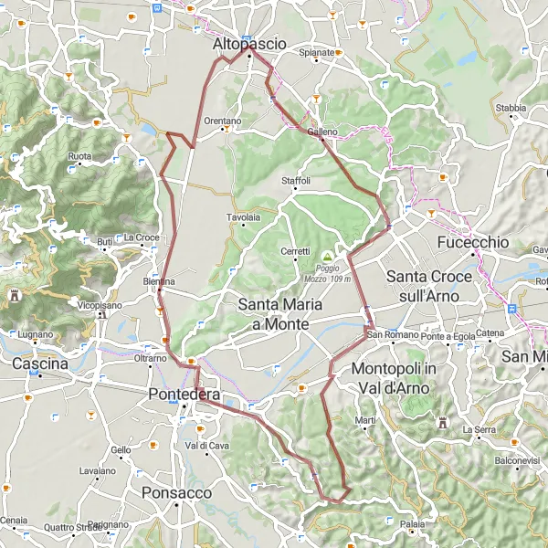 Mapa miniatúra "Scenic Gravel Loop Near Altopascio" cyklistická inšpirácia v Toscana, Italy. Vygenerované cyklistickým plánovačom trás Tarmacs.app