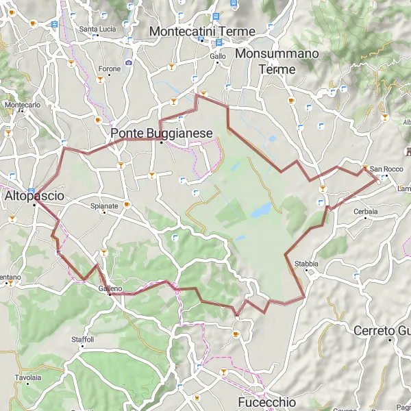 Map miniature of "Gravel Cycling Adventure near Altopascio: Chiesina Uzzanese Loop" cycling inspiration in Toscana, Italy. Generated by Tarmacs.app cycling route planner