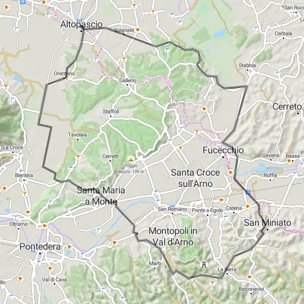 Zemljevid v pomanjšavi "Po strmih gričih do Orentano" kolesarske inspiracije v Toscana, Italy. Generirano z načrtovalcem kolesarskih poti Tarmacs.app