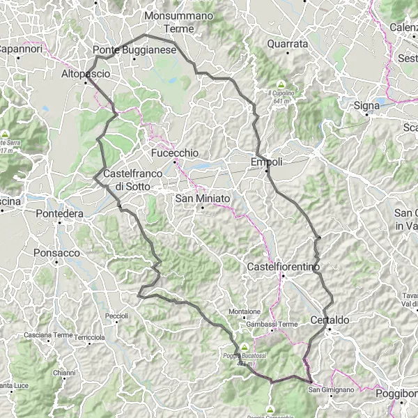 Zemljevid v pomanjšavi "Toskanska kolesarska pustolovščina od Altopascio do Galleno" kolesarske inspiracije v Toscana, Italy. Generirano z načrtovalcem kolesarskih poti Tarmacs.app