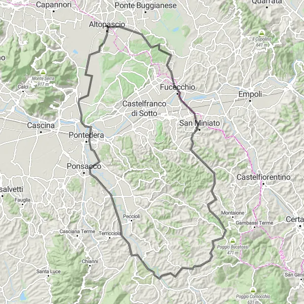 Miniatuurkaart van de fietsinspiratie "Fucecchio naar Orentano Scenic Route" in Toscana, Italy. Gemaakt door de Tarmacs.app fietsrouteplanner