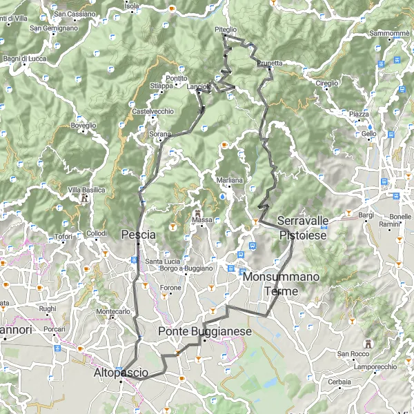 Kartminiatyr av "Landevei rute gjennom Pescia og Monsummano Terme" sykkelinspirasjon i Toscana, Italy. Generert av Tarmacs.app sykkelrutoplanlegger