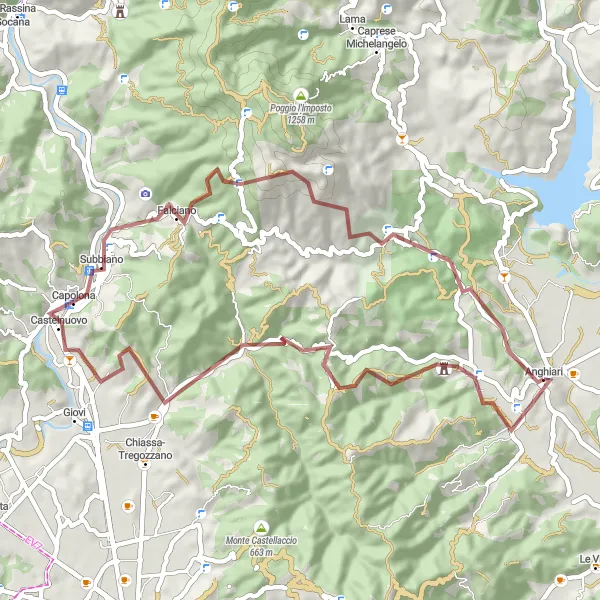 Miniatua del mapa de inspiración ciclista "Ruta de Anghiari a Monti Rognosi" en Toscana, Italy. Generado por Tarmacs.app planificador de rutas ciclistas