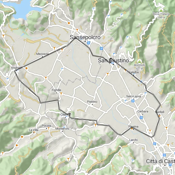 Kartminiatyr av "Fra Anghiari til Piosina og tilbake" sykkelinspirasjon i Toscana, Italy. Generert av Tarmacs.app sykkelrutoplanlegger