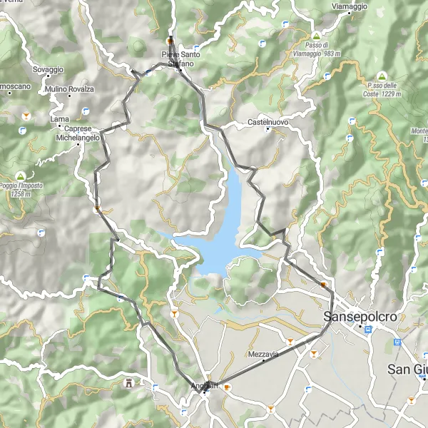 Miniaturní mapa "Anghiari a Montedoglio" inspirace pro cyklisty v oblasti Toscana, Italy. Vytvořeno pomocí plánovače tras Tarmacs.app