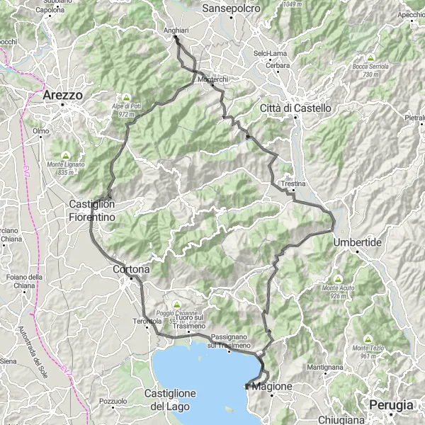 Kartminiatyr av "Landsvägsutflykt till Monte del Lago" cykelinspiration i Toscana, Italy. Genererad av Tarmacs.app cykelruttplanerare