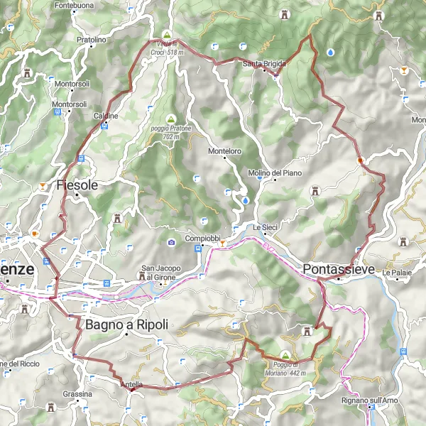 Zemljevid v pomanjšavi "Kolesarska pot Ponte a Ema - Vetta le Croci" kolesarske inspiracije v Toscana, Italy. Generirano z načrtovalcem kolesarskih poti Tarmacs.app