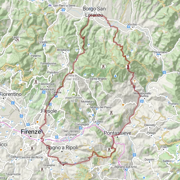 Mapa miniatúra "Náročný gravelový okruh cez toskánske kopce" cyklistická inšpirácia v Toscana, Italy. Vygenerované cyklistickým plánovačom trás Tarmacs.app