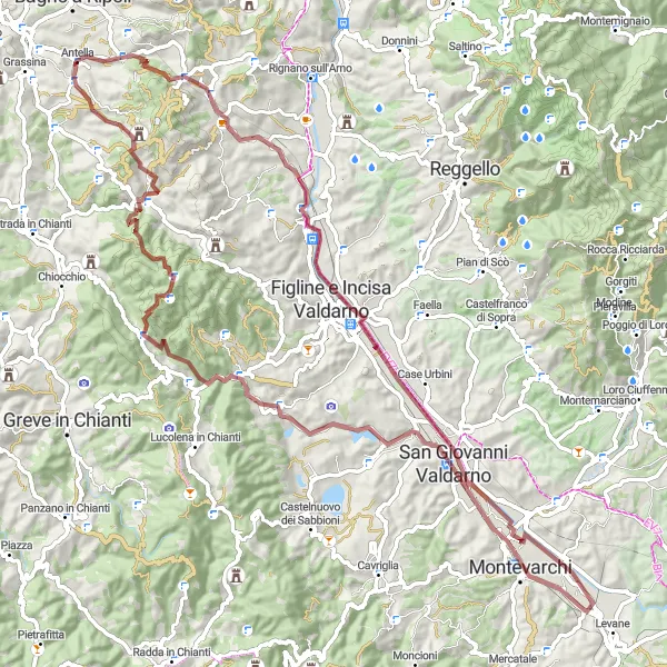 Map miniature of "Antella - San Giovanni Valdarno Gravel Route" cycling inspiration in Toscana, Italy. Generated by Tarmacs.app cycling route planner