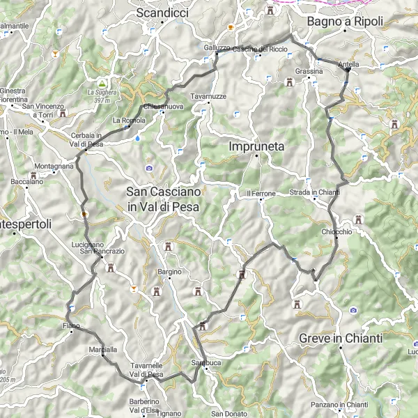 Mapa miniatúra "Proti svetlu: Poggio al Torrino až Antella" cyklistická inšpirácia v Toscana, Italy. Vygenerované cyklistickým plánovačom trás Tarmacs.app