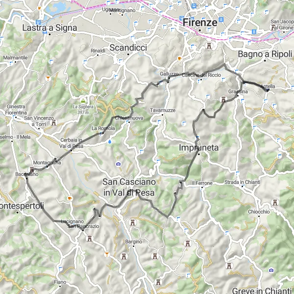 Miniatura della mappa di ispirazione al ciclismo "Giro in bicicletta da Antella: Monte di Meccoli e dintorni" nella regione di Toscana, Italy. Generata da Tarmacs.app, pianificatore di rotte ciclistiche