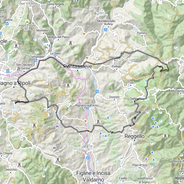 Map miniature of "The Consuma Challenge" cycling inspiration in Toscana, Italy. Generated by Tarmacs.app cycling route planner