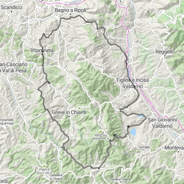 Miniatura della mappa di ispirazione al ciclismo "Percorso in bicicletta da Ponte a Ema a Ponte a Niccheri via Poggio delle Lame" nella regione di Toscana, Italy. Generata da Tarmacs.app, pianificatore di rotte ciclistiche