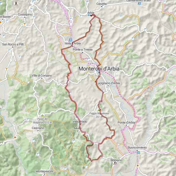 Miniature de la carte de l'inspiration cycliste "Tour des chemins de gravier près d'Arbia" dans la Toscana, Italy. Générée par le planificateur d'itinéraire cycliste Tarmacs.app