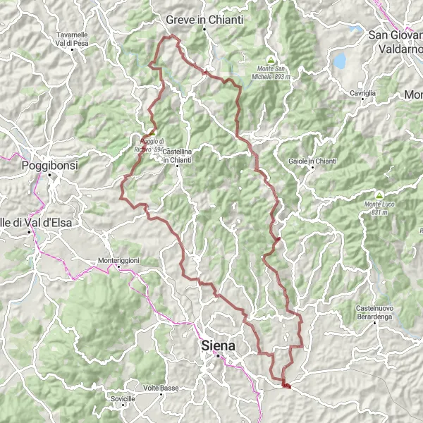 Miniatua del mapa de inspiración ciclista "Ruta a través de Chianti" en Toscana, Italy. Generado por Tarmacs.app planificador de rutas ciclistas