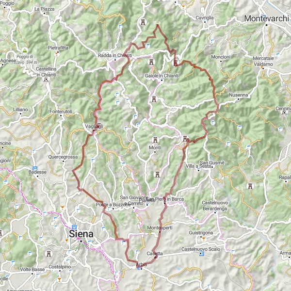 Miniatua del mapa de inspiración ciclista "Ruta de Grava al Castillo de Brolio" en Toscana, Italy. Generado por Tarmacs.app planificador de rutas ciclistas