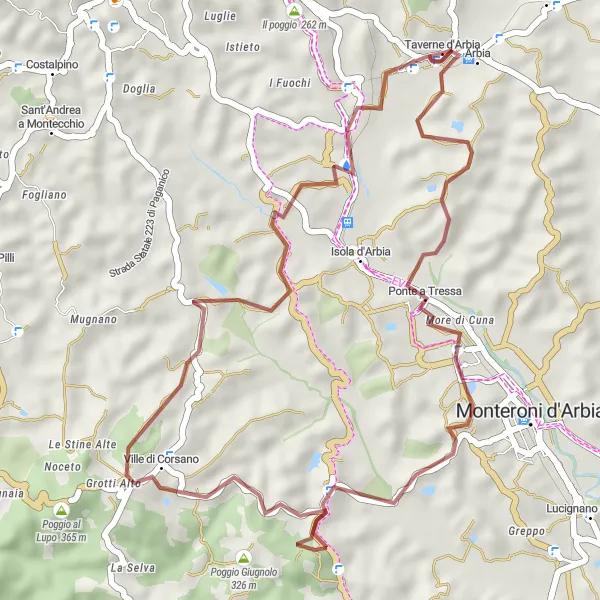 Miniatura della mappa di ispirazione al ciclismo "Itinerario ciclabile in gravel da Taverne d'Arbia a Colle Malamerenda" nella regione di Toscana, Italy. Generata da Tarmacs.app, pianificatore di rotte ciclistiche