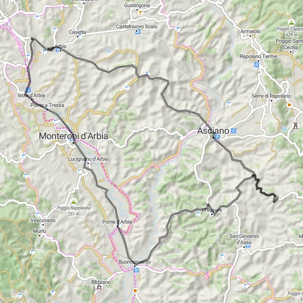 Map miniature of "Taverne d'Arbia-Isola d'Arbia loop" cycling inspiration in Toscana, Italy. Generated by Tarmacs.app cycling route planner