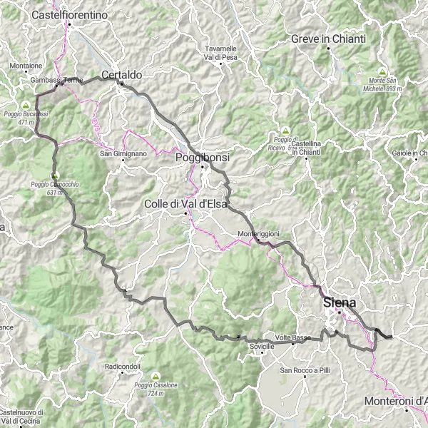 Miniature de la carte de l'inspiration cycliste "Tour de Montemiccioli" dans la Toscana, Italy. Générée par le planificateur d'itinéraire cycliste Tarmacs.app