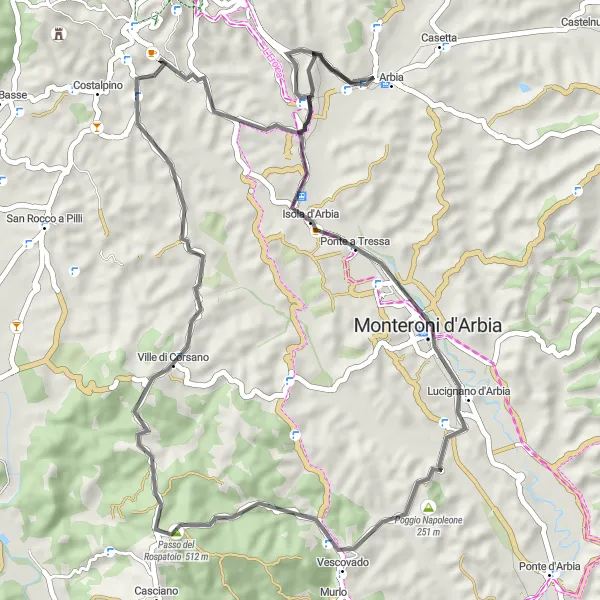 Miniaturní mapa "Cyklistická trasa kolem Arbie - Arbia" inspirace pro cyklisty v oblasti Toscana, Italy. Vytvořeno pomocí plánovače tras Tarmacs.app