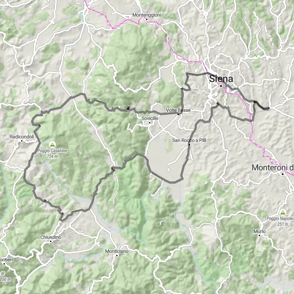 Kartminiatyr av "San Rocco a Pilli Circuit" cykelinspiration i Toscana, Italy. Genererad av Tarmacs.app cykelruttplanerare