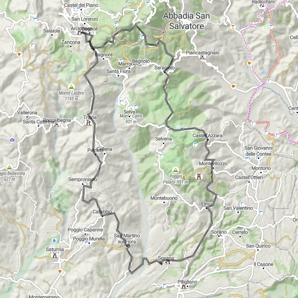 Kartminiatyr av "Utflykt till Sovana och Semproniano" cykelinspiration i Toscana, Italy. Genererad av Tarmacs.app cykelruttplanerare