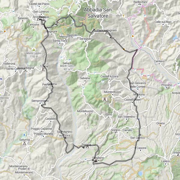 Kartminiatyr av "Utfordrende landeveissykling rundt Arcidosso" sykkelinspirasjon i Toscana, Italy. Generert av Tarmacs.app sykkelrutoplanlegger
