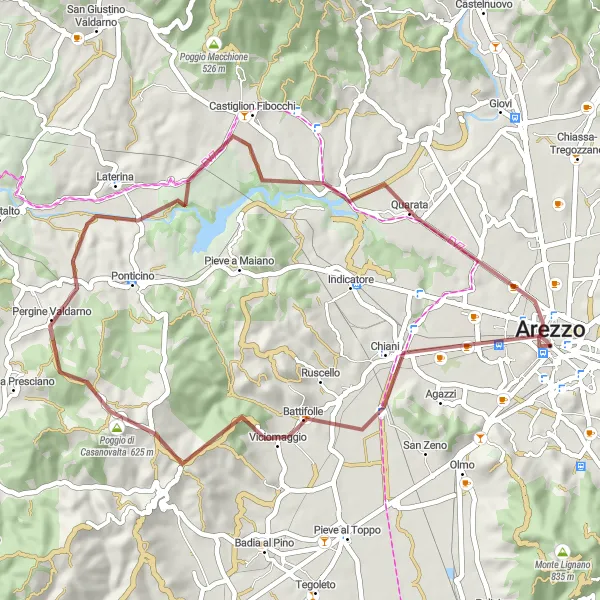 Zemljevid v pomanjšavi "Gravel Po Pristopu do Arezza" kolesarske inspiracije v Toscana, Italy. Generirano z načrtovalcem kolesarskih poti Tarmacs.app