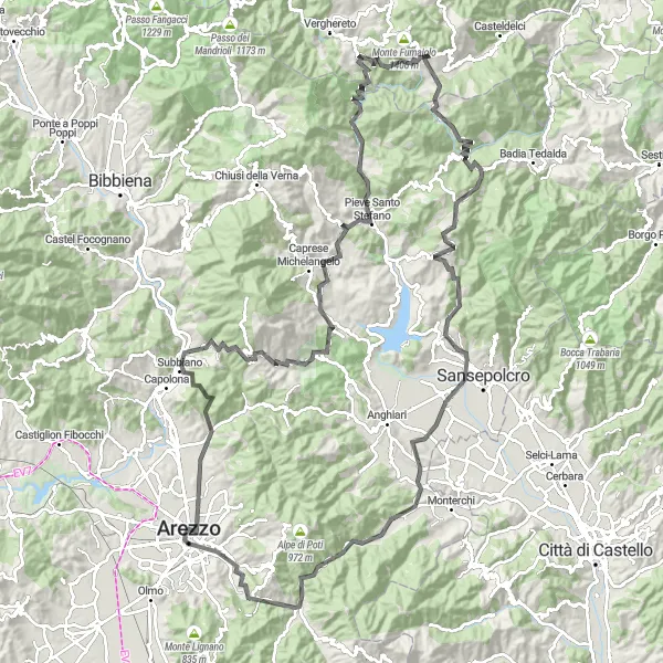 Mapa miniatúra "Road cycling loop near Arezzo" cyklistická inšpirácia v Toscana, Italy. Vygenerované cyklistickým plánovačom trás Tarmacs.app