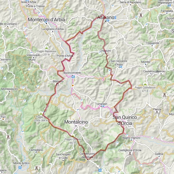 Miniature de la carte de l'inspiration cycliste "Tour de Toscane Gravel: Asciano - Asciano" dans la Toscana, Italy. Générée par le planificateur d'itinéraire cycliste Tarmacs.app