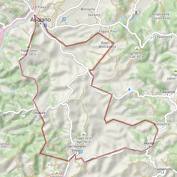 Mapa miniatúra "Pôvabný gravel okruh cez Montelifré a San Giovanni d'Asso" cyklistická inšpirácia v Toscana, Italy. Vygenerované cyklistickým plánovačom trás Tarmacs.app